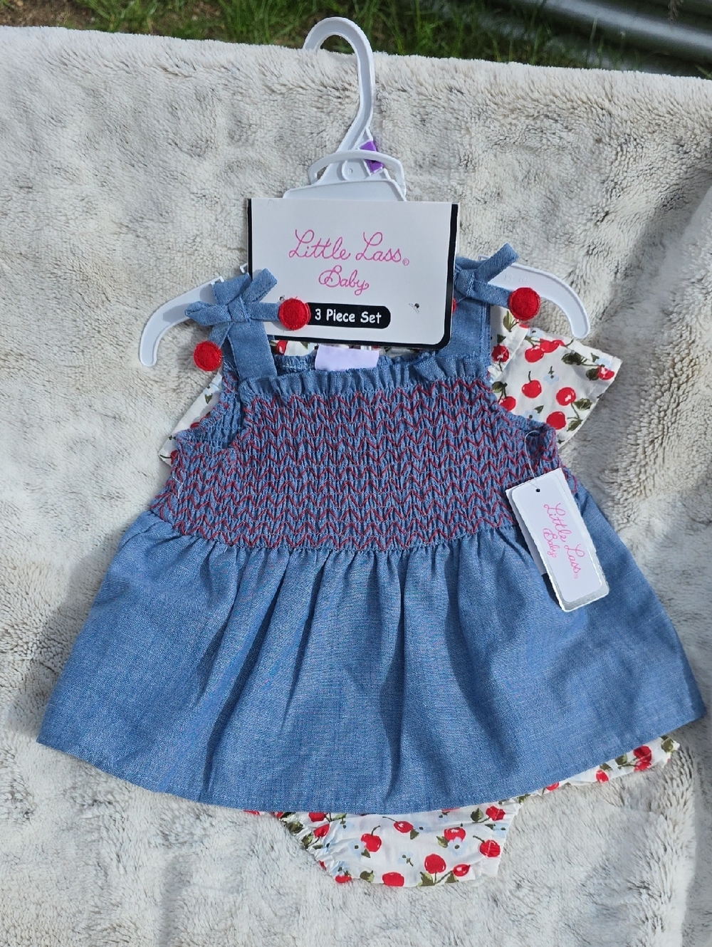 Little Lass Smocked Dress 3-Piece Set 24M Dress Hat Diaper Cover Cherry